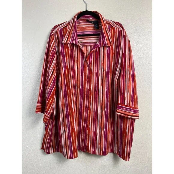 Maggie Barnes Womens Top Plus size 4x Stripes boho Button Up Classic Red Orange - Picture 1 of 13